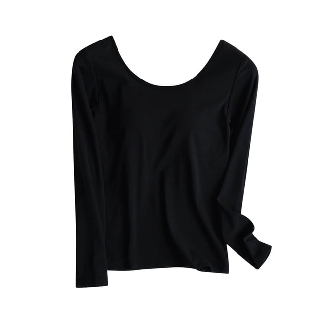 Manches Longues pour Femmes Femmes Hauts d'Automne à Manches Longues avec Coussinet de Poitrine Hauts Décontractés Unis Col Ras du Cou Chandail Ample Tendance Confortable Doux sous-Vêtement S-123 Noir m