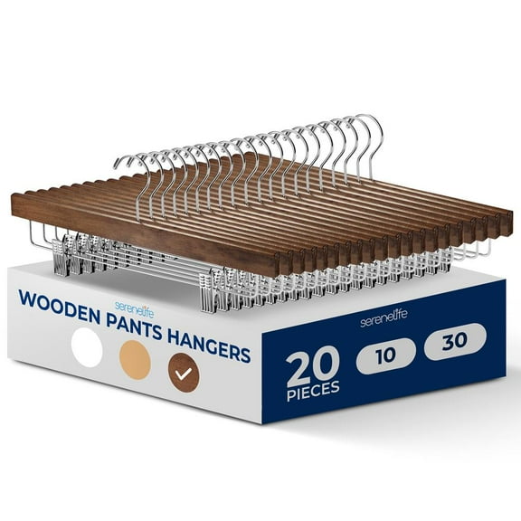 20 Pcs. Premium Wooden Pants Hangers - Heavy Duty Hanger Set with Chrome 360° Swivel Hook and Adjustable Steel Clips, Ideal for Jeans, Slacks, Skirts, and Shorts (Retro)