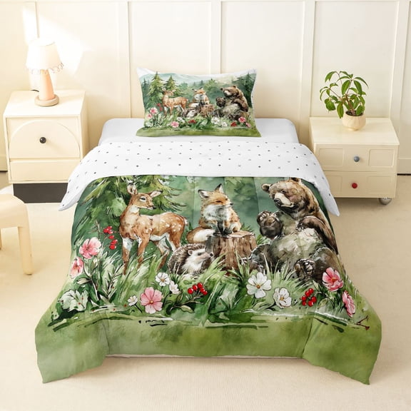 Manfei Kawaii Fox Twin Comforter Sets,Cute Bear Print Bedding Set,Green,Reversible,2pcs,1 Comforter and 1 Pillowcase