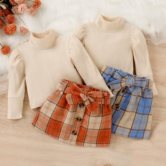 Zwiiyzr Toddler Baby Girl Skirt Outfit Knit Bubble Sleeve Long Sleeve Top + Plaid Skirt Set for 6 Months-3 Years Old Orange