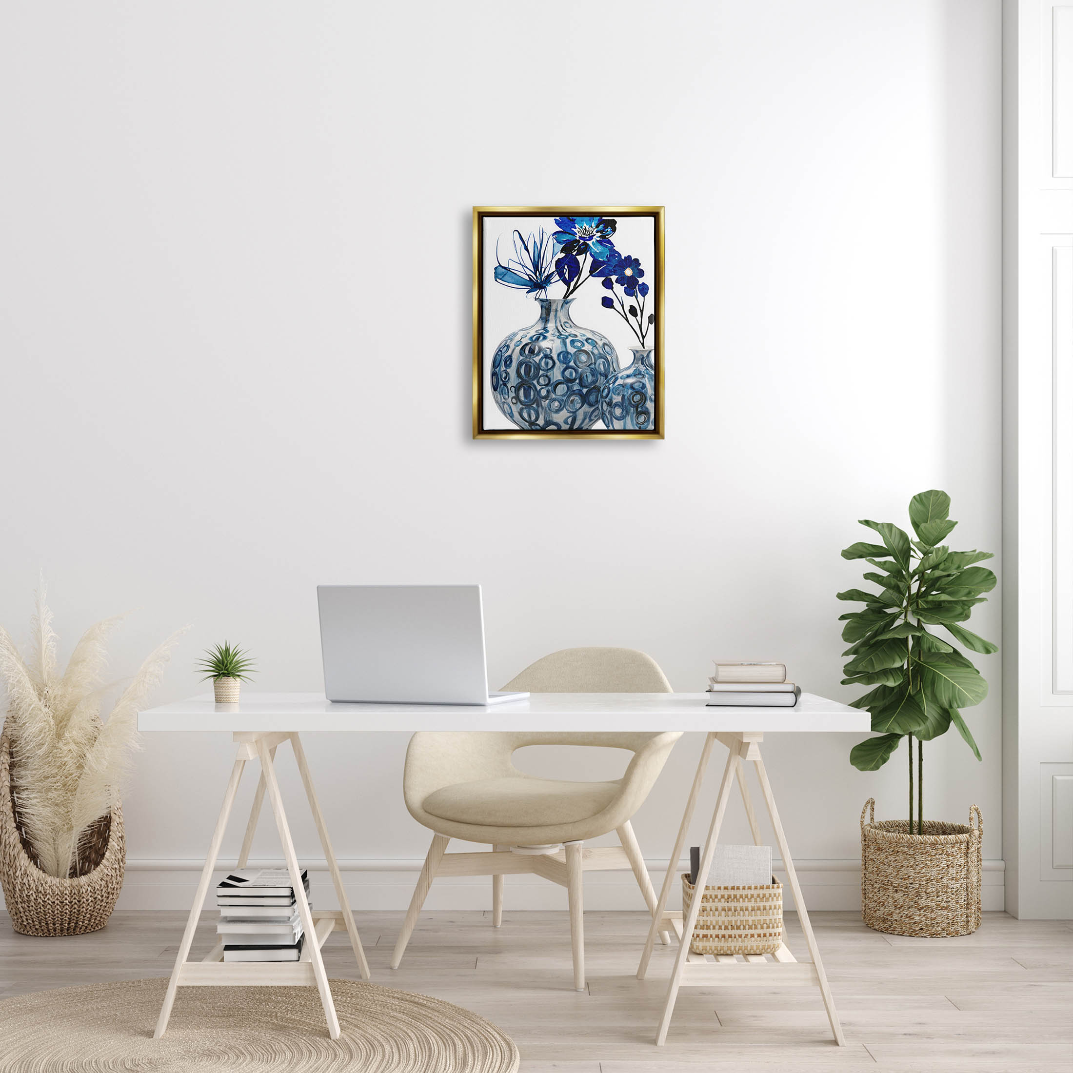 Modern Blue Flower Arrangement Botanical & Floral Graphic Art Metallic Gold Framed Art Print Wall Art