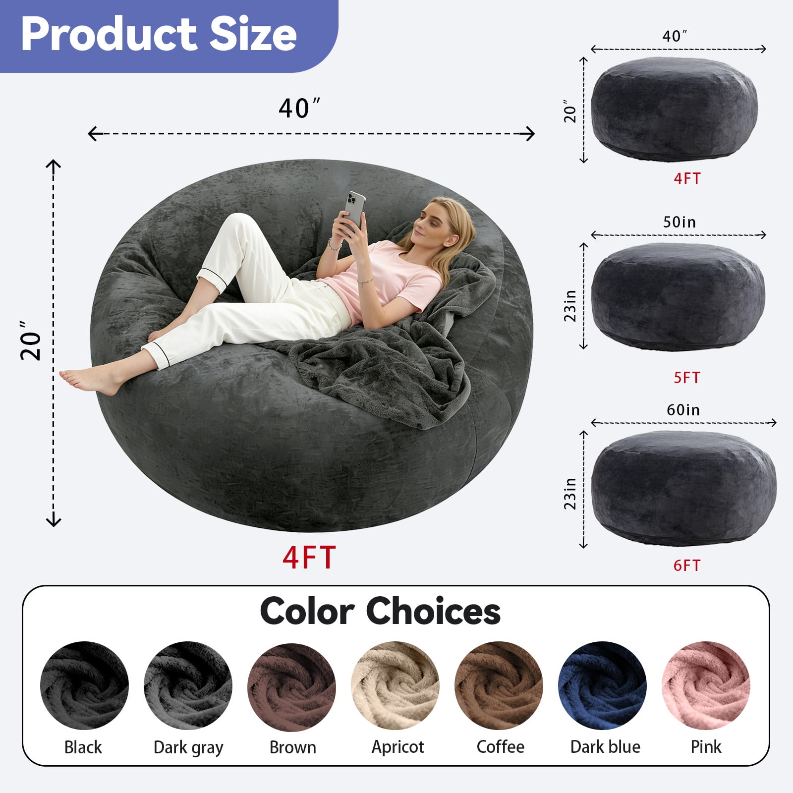5FT Bean Bag Chair for Adults Teens, Dark Gray high-density foam Filled Soft Sofa, Removable Flannel Cover Round Couch for Living Room Bedroom Dorm