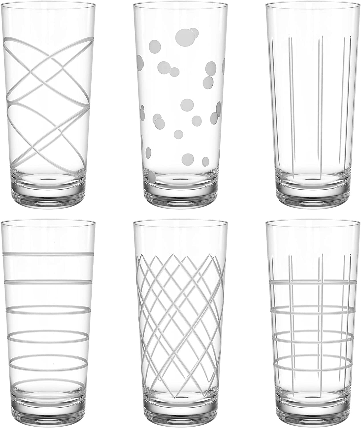 Medallion Highball Glass Set of 6, 16 oz, Durable Glasses, Etched
