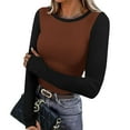thumbnail image 1 of Yourumao Womens Colour Block Shirts Ribbed Knit Long Sleeve Tops Fitted Round Neck Shirts Stretch Comfy Blouses Spring Trendy T-shirts, 1 of 7