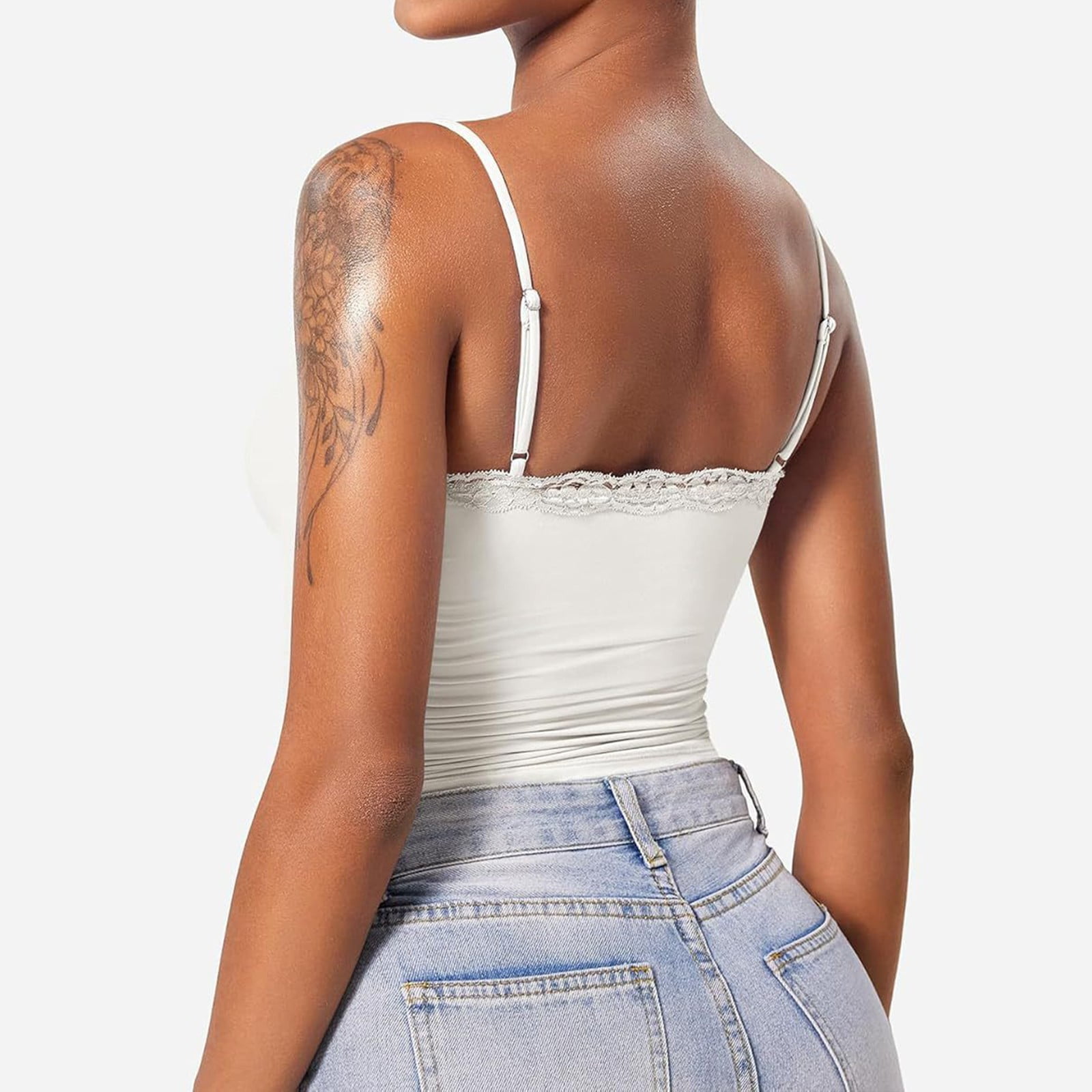 Doriano Double-Lined Lace Spaghetti Strap Tank Top with Square