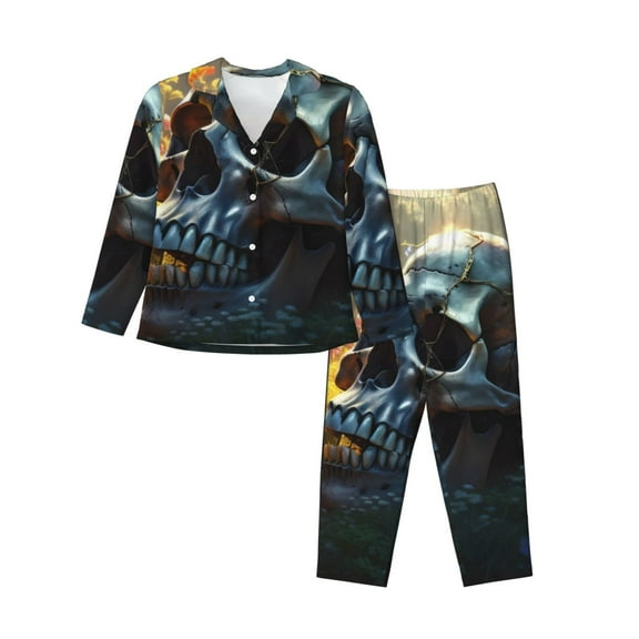 Kdxio Flower Field Skull Women's Pajama Sets Long Sleeve Button Down Sleepwear Nightwear Soft Pjs Lounge Sets-Small