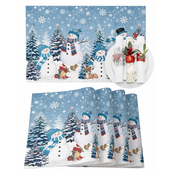 Christmas Snowman Placemats Set of 2 Cute Snowman Xmas Trees Snowflakes Sky Blue Heat Insulation Washable Place Mats, Rustic Non-Slip Table Mats for Dining Table Party Kitchen Decor,13x19 Inch