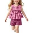 thumbnail image 3 of SGFCWSX Girls 2 Piece Outfits Sleeveless Gingham Ruffle Peplum Tops Solid Shorts Summer Casual Clothes Set Hot Pink Size 4T, 3 of 10