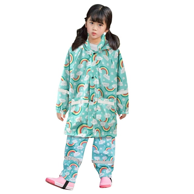 GPOECD Children’s Dinosaur Rainbow Print Reflective Windproof Hooded Rain Jacket and Pants Set Outfits Light Blue,130