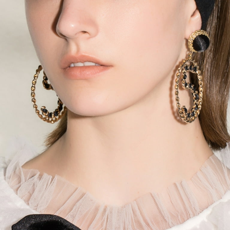 Anvazise Fashion Women Number 5 Ribbon Faux Pearl Large Circle Statement  Stud Earrings Black 