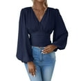 thumbnail image 2 of Ladies Tops and Blouses Women's Waistline V Neck Sleeve Sleeve Solid Color Ruffled T Long Sleeve Top Long Sleeve T shirt Women, 2 of 6