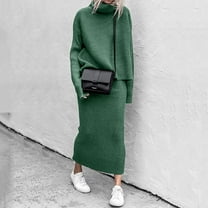 Riforla Fashion Winter 2 Piece Ribbed Knitted Wool Sweater Turtleneck Women Set Female Elegant Women Casual Dresses Matching Sets Women Clothing Green L