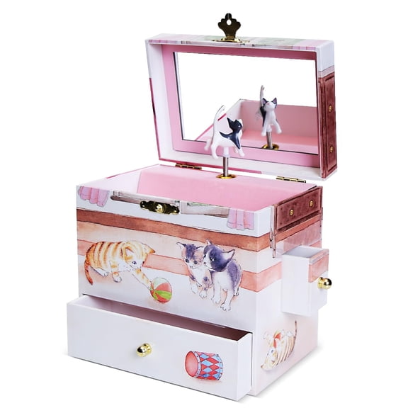 Enchantmints Curious Kittens Musical Jewelry Box – Spinning Cat Plays “Ode to Joy” with 3 Pullout Drawers