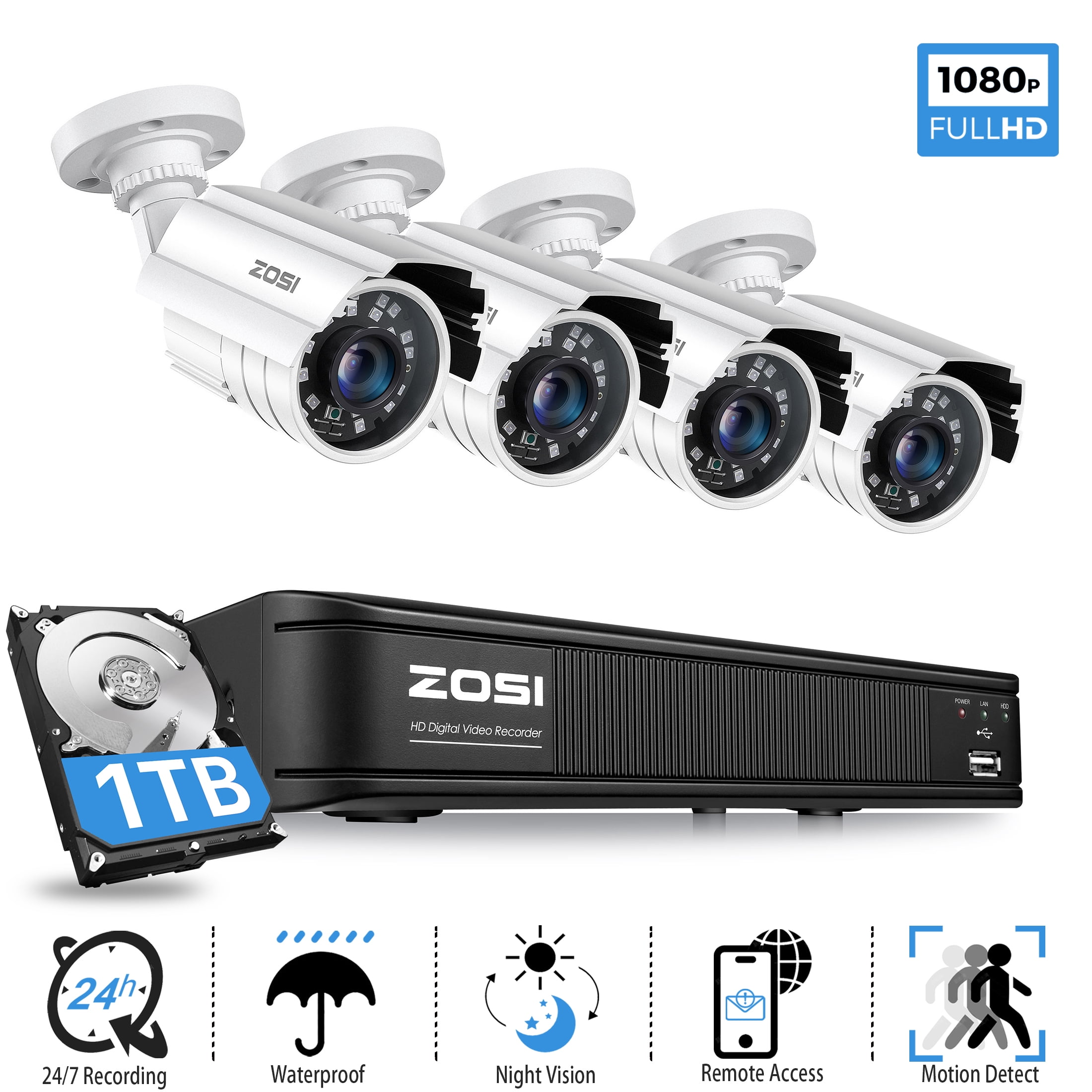 ZOSI H.265+ 8CH CCTV Security System 1080P Wired Surveillance Camera 5MP Lite DVR Home Outdoor 1TB HDD, 80ft Night Vision,Remote Access