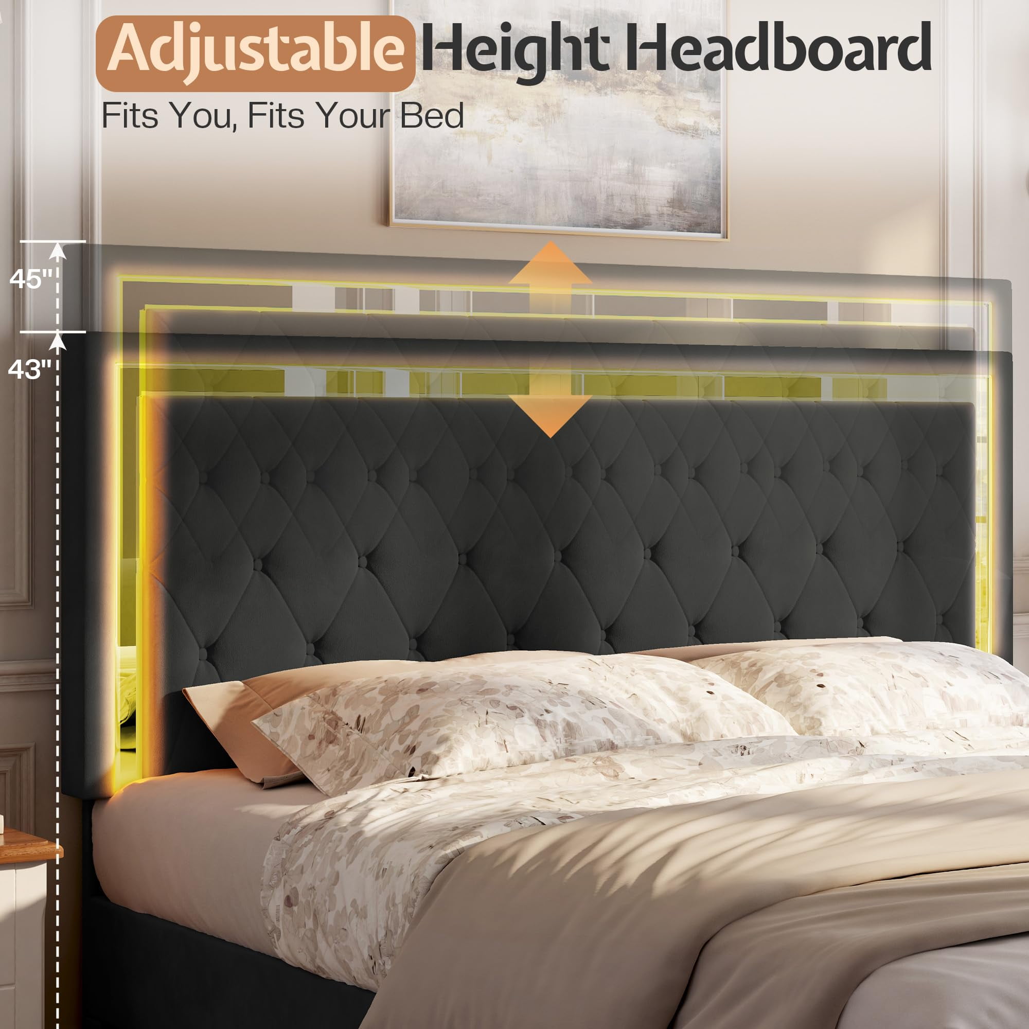 Merluxy Twin Size Bed Frame with Led Lights Headboard, Acrylic Mirror Accents, No Box Spring Needed, Velvet Upholstered Black
