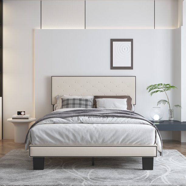 Sesslife Beige Platform Bed Frame, Full Bed Frame with Adjustable