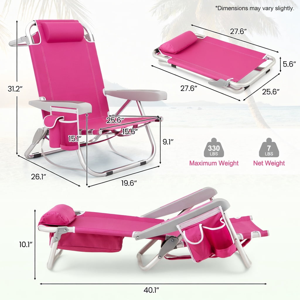 Hommoo 2-Pack Foldable Beach Chair with Cup Holder, Adjustable Backrest & Storage Pockets, Lightweight Aluminum Frame, Waterproof 600D Oxford Fabric, Pink