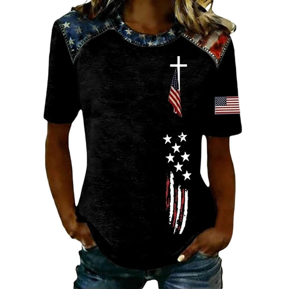 WAYUTE Womens T-Shirts Us National Flag Pattern Short Sleeve Crew Neck Celebrate America'S 250Th Anniversary For 4Th Of July Outdoor Activities Breathable Tops,Black,L