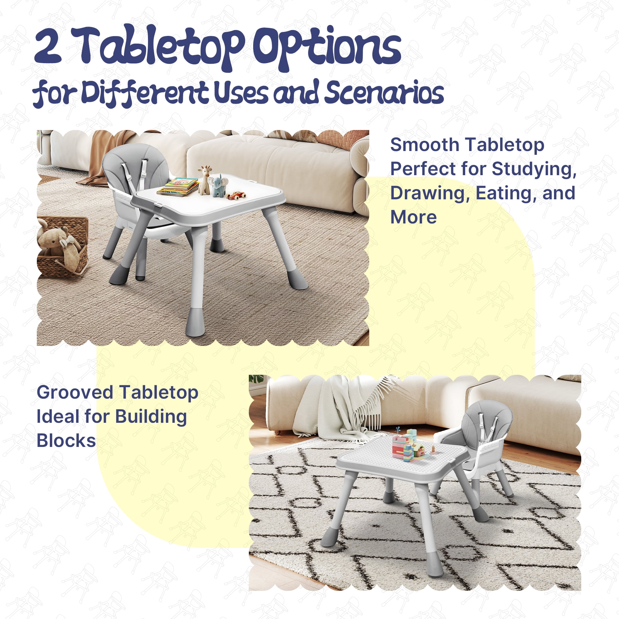 4 in 1 Baby High Chair, Toddler Chair with Removable Tray, Convertible High Chairs for Babies and Toddlers, Kids Learning Table, Building Block Table, Dining Booster Seat with Safety Harness, Gray