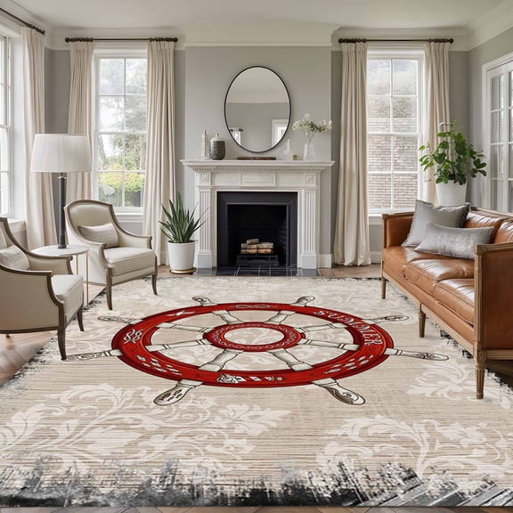 Red Anchor Nautical Area Rugs 8'x10', Washable Small Throw Rugs for Living Room Patio, Coastal Ocean Summer Sea Vintage Art Indoor Outdoor Rug Non-Slip Low Pile Carpet Runner Reversible Floor Mats