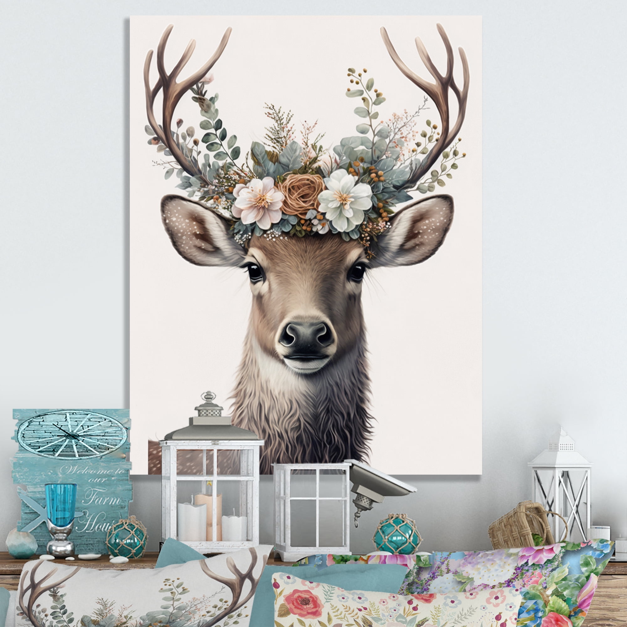 Designart Cute Baby Caribou With Floral Crown IV Canvas Wall Art
