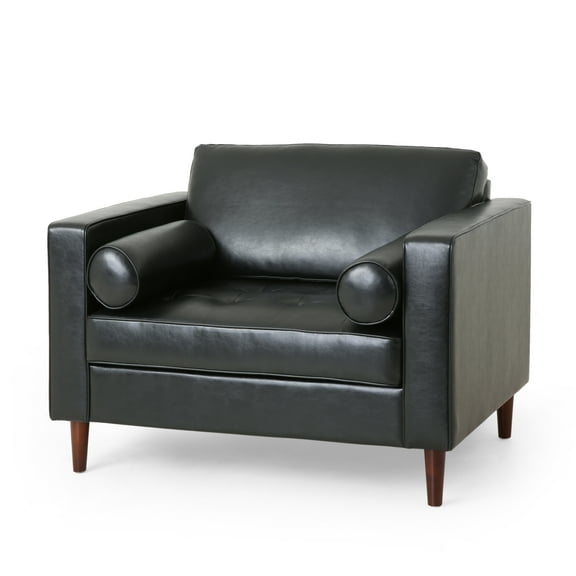 GDF Studio Hixon Contemporary Faux Leather Tufted Club Chair with Bolster Pillows, Midnight Black and Espresso