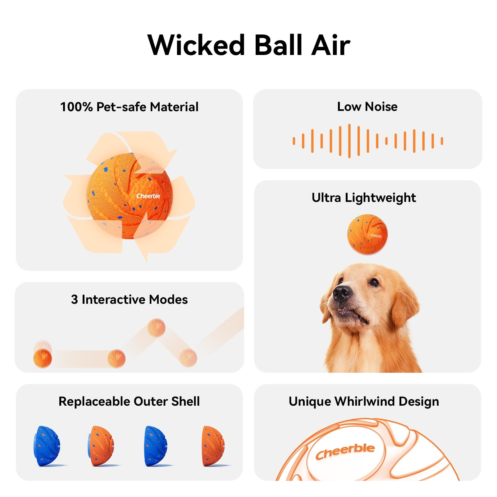 Cheerble Wicked Ball Air Smart Interactive Dog Toy, Automatic moving, IPX7 Waterproof, Active Rolling Ball for Medium to Large Breeds (Bright Orange)