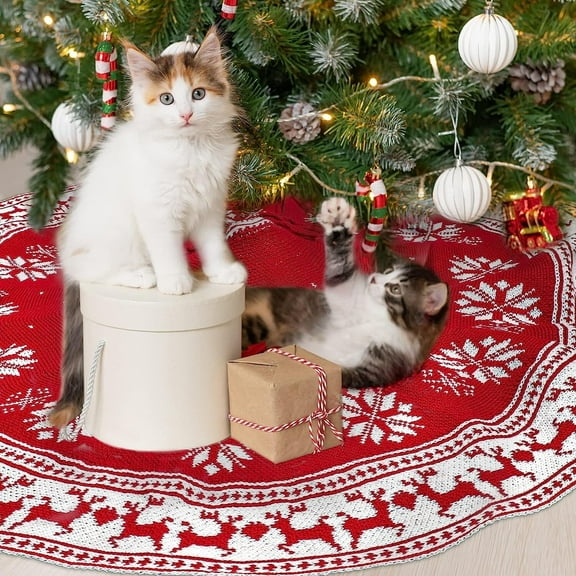 Qpout Christmas Tree Skirt, 35inches Snowflake Elk Pattern Knitted Red Xmas Tree Skirt Strap Fixation Holiday Decorations