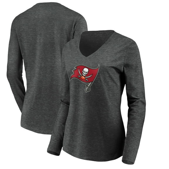 Women's Heather Gray Tampa Bay Buccaneers Primary Logo Long Sleeve V-Neck T-Shirt