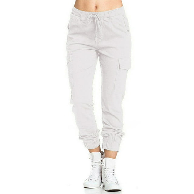 Innerwin Pantalons Cargo avec Poches Bas pour Femmes Plage Jambe Droite Pantalon Boho Blanc TG