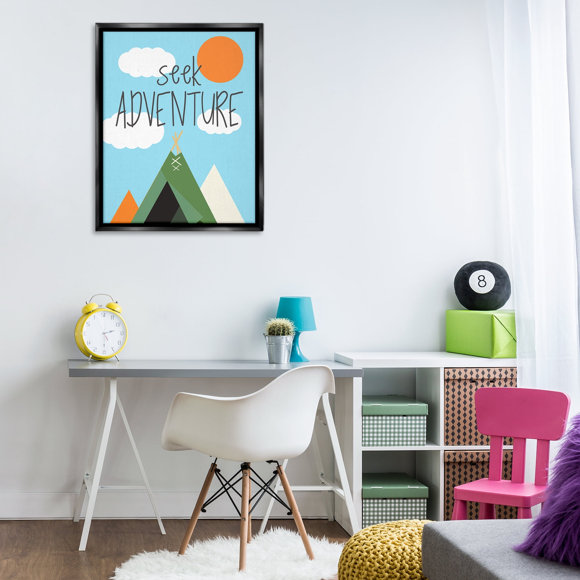 Stupell Industries Seek Adventure with Tent Text & Numbers Painting Black Floater Framed Canvas Art Print Wall Art, 25 x 31