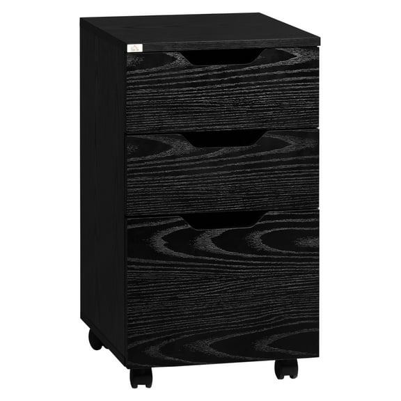 3 Drawer Office Storage Cabinet, Under Desk Cabinet with Wheels, Black Wood Grain