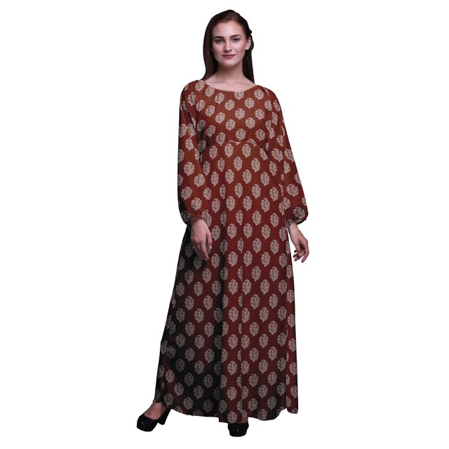 Bimba Robe Maxi en Georgette Mousse à Imprimé Floral en Blocs pour Femmes à Manches Longues avec Taille Élastique - Grande