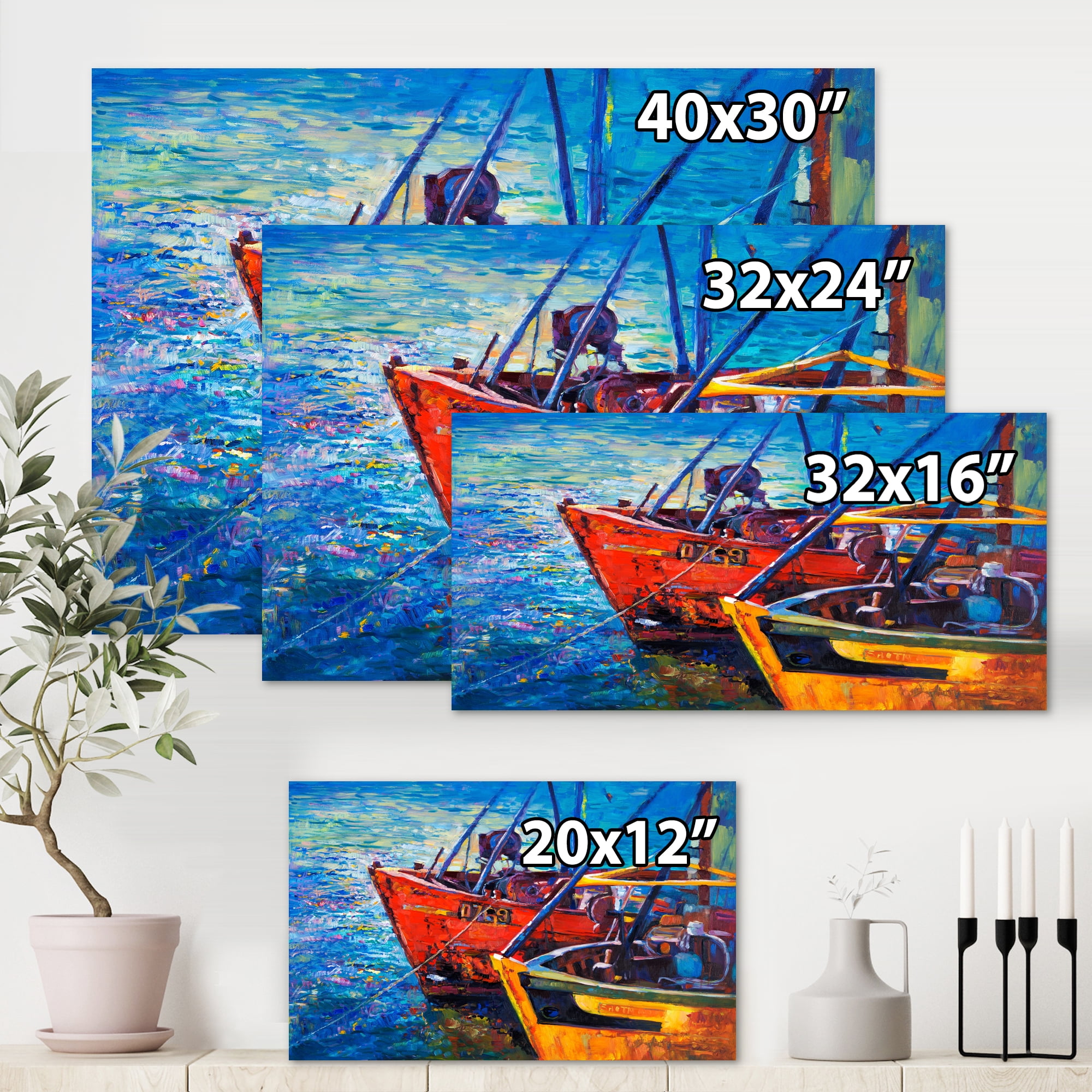 Designart ' Boats During Warm Sunset Resting On The Water VII ' Nautical & Coastal Canvas Wall Art Print