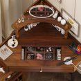 thumbnail image 3 of Corner Vanity Desk Set with Storage Cushioned Stool and Charging Station, Triangle Makeup Desk with Removable Pull-Out Side Cabinet, Glass Tabletop Makeup Vanity Desk with Drawer and Shelf, Walnut, 3 of 9