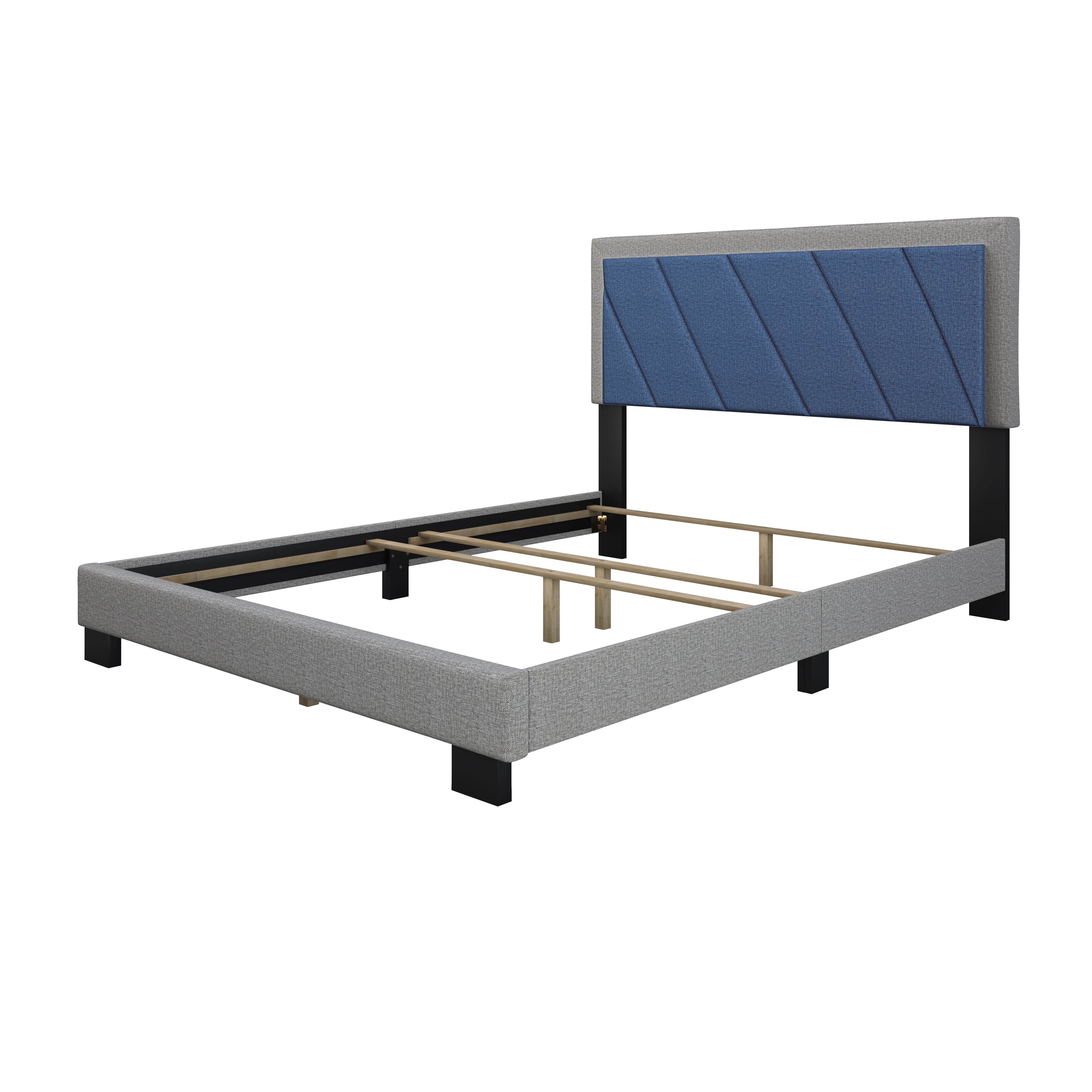 Boyd Sleep Diagonal Blue/Gray Linen Queen Size Fully Upholstered Platform Bed Frame with Adjustable Headboard, Qualified Box Spring or Foundation Required for Use