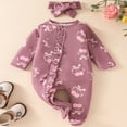 thumbnail image 2 of Ruyang New Born Baby Girls Cherry Graphic Jumpsuit Bowknot Headband Cute Ruffle Zip Up Bodysuit Long Sleeve Footie Onesie, 2 of 9