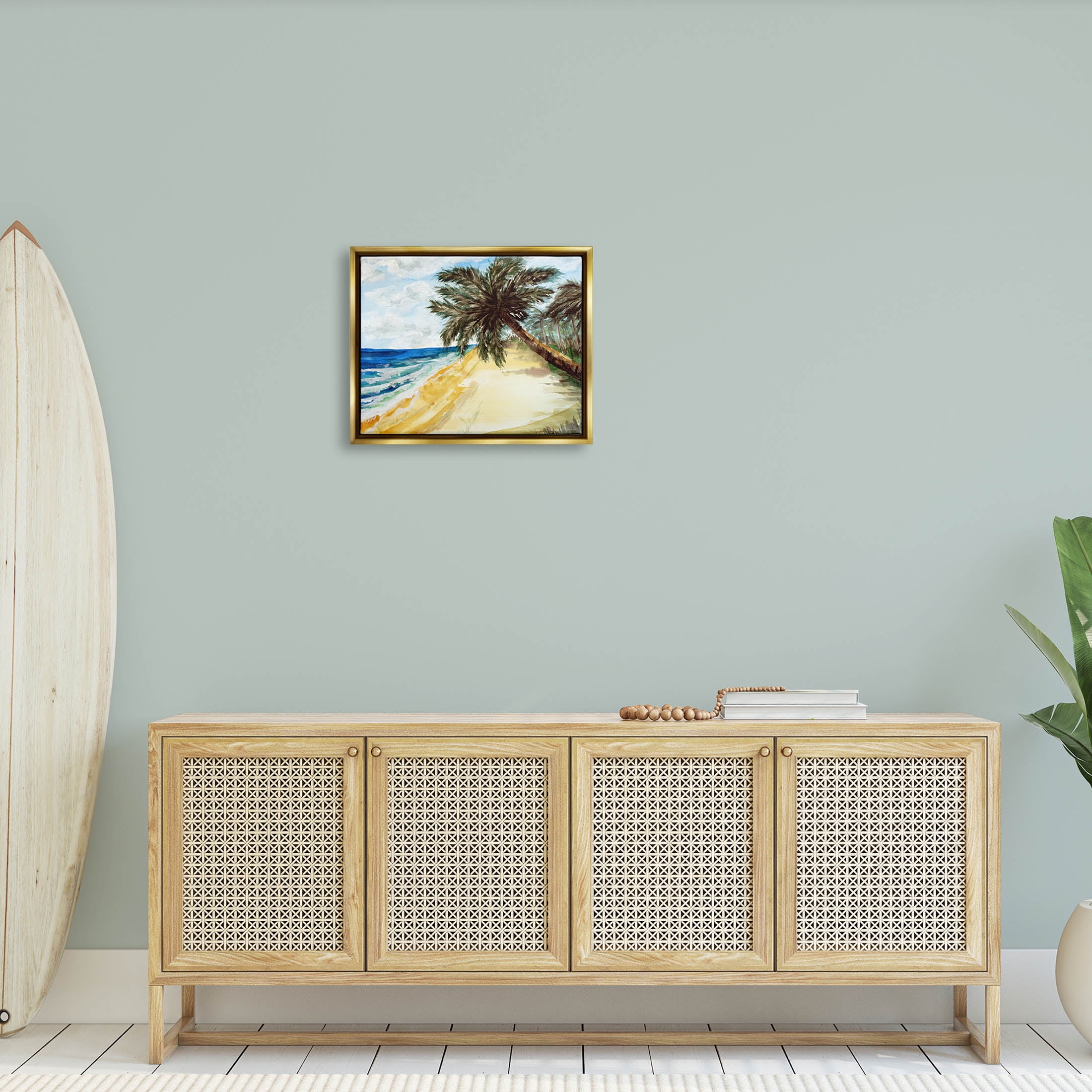 Summer Palm Overhanging Beach Coastal Painting Metallic Gold Framed Art Print Wall Art