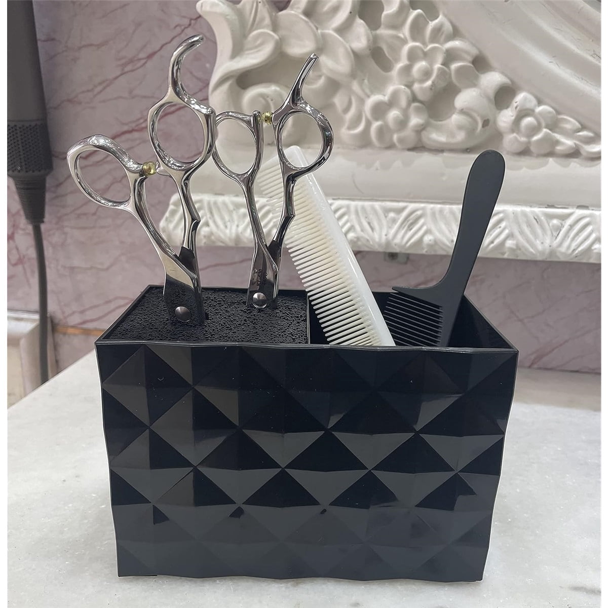 Salon Barber Scissors Shear Holder Rack for Hairdressers, Scissor Storage Case Keeper Modern Hairdressing Combs Clips Desktop Desk Organizer Accessories for Babers Station Office Home - Black