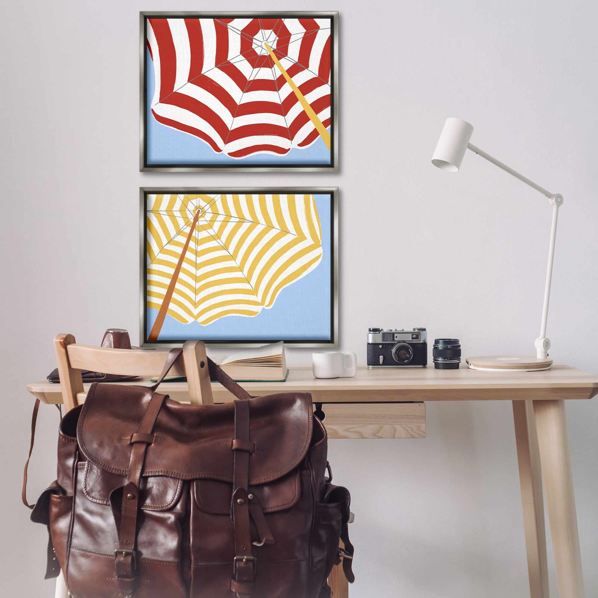 Stupell Industries Striped Beach Umbrella Nautical & Beach Painting Gray Floater Framed Canvas Art Print Wall Art, 31 x 25, Set of 2