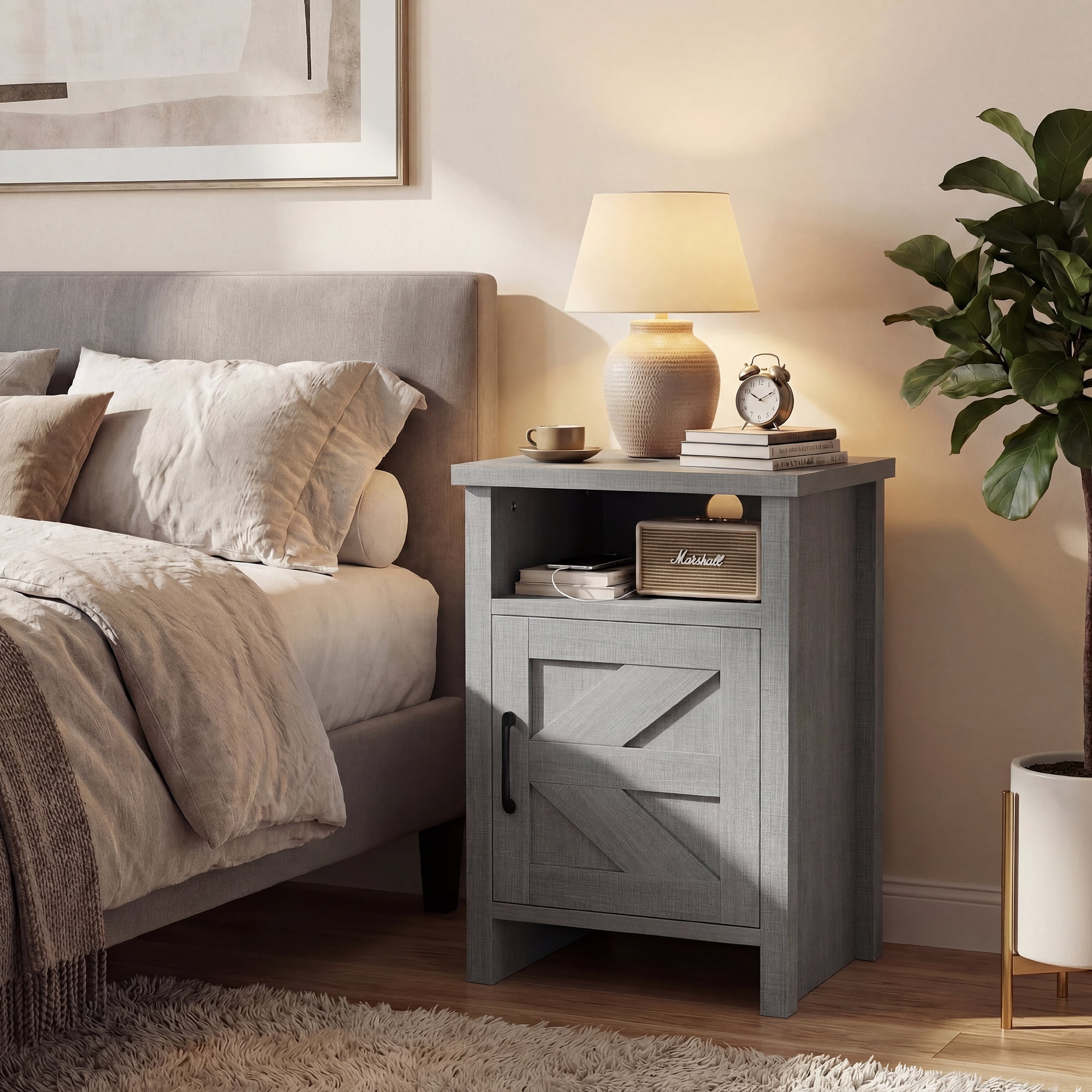 Homall Farmhouse Nightstand 1 Piece with Shelf and Barn Door Wood Modern Beside Tables for Bedroom Living Room, Gray