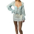 thumbnail image 6 of Seyurigaoka Women Summer Short Ruffles Slim Navel Shirt, Long Lantern Sleeve Print Low-Cut Tie-Up High Split Crop Tops, 6 of 9