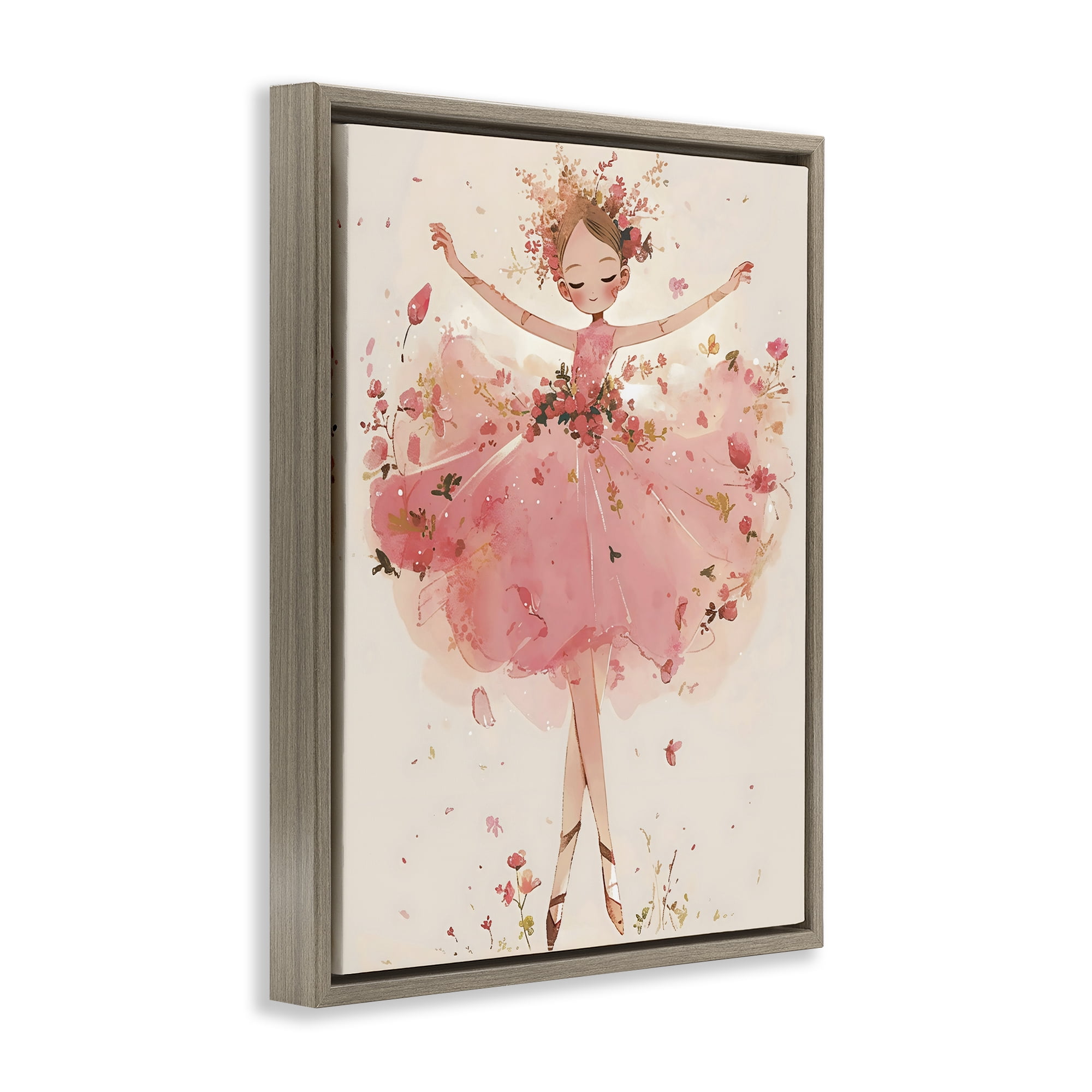 Stupell Industries Pink Floral Dress Ballerina Brown Framed Floater Canvas Wall Art, design by Creative Studio