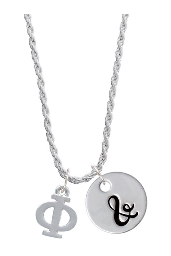 Silvertone Large Greek Letter - Phi - Silvertone Script Initial Disc - & - Charm Necklace, 20"+3"