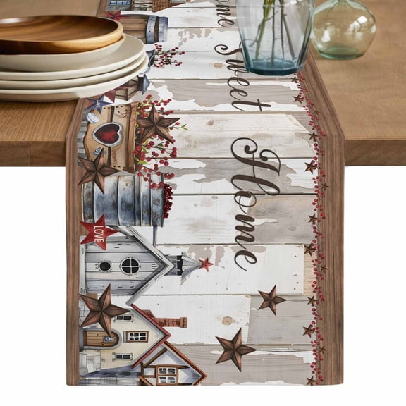 Farmhouse Table Runner, Retro Country Star Berry Vintage Wood Grain Washable Cotton Linen Table Runners 48 Inches Long, Dresser Scarf Runner for Nightstand/Coffee/End Tables 13''x48''