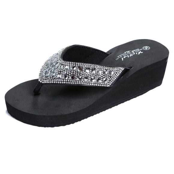 Sandales Compensées à Strass pour Femmes, Légères, à Enfiler, Sandales de Plage à Plateforme, Décontractées, d'Été, de Plage, Sandales à entre-Doigts, Noires, Taille 7,5