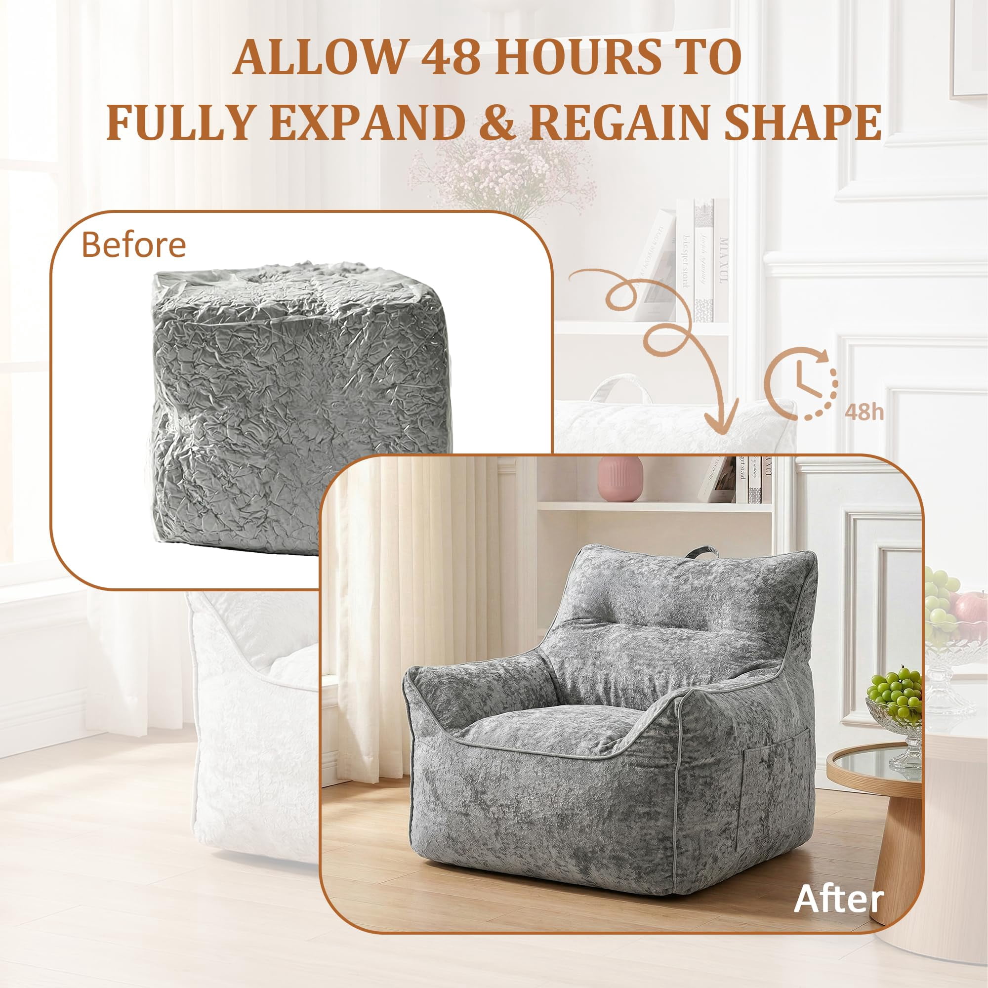 Danolapsi Bean Bag Chair, Comfy Bean Bag Sofa with Back Support, Soft Chenille Lazy Chair for Adults, Shredded Foam Couch Single Lounges for Apartments, Living Rooms, Bedrooms, Games, Reading