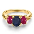 thumbnail image 3 of Gem Stone King 18K Yellow Gold Plated Silver Blue Sapphire and Red Ruby Filigree Style 3 Stone Ring for Women (3.00 Cttw, Oval 8X6MM and 6X4MM) (Size 6), 3 of 6