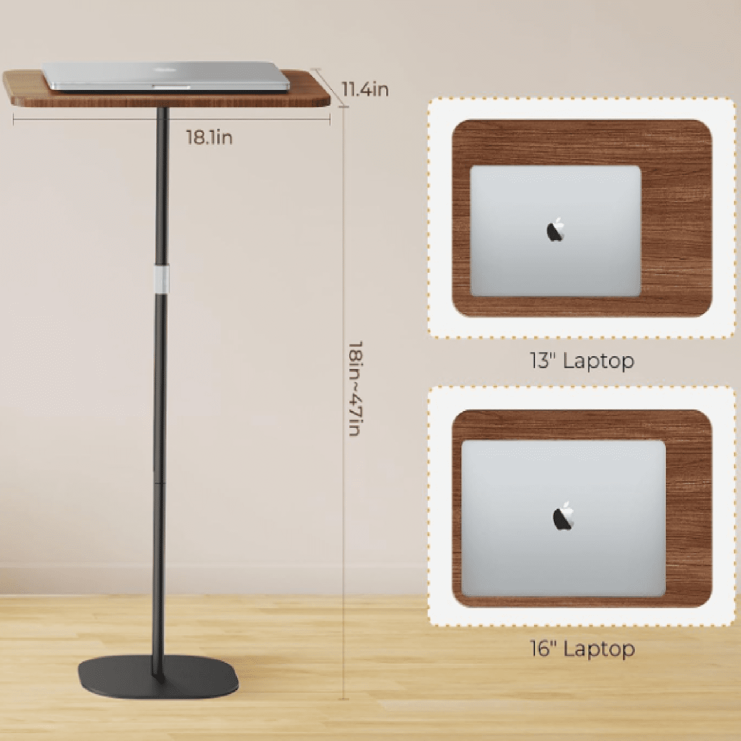 Portable Laptop Floor Stand, Bedside/Sofa Table with Height Adjustable 18''~47'', Stylish Movable Workstation Floor Standing Desk for Office, Meeting Room, Living Room Easy Assembly, Black