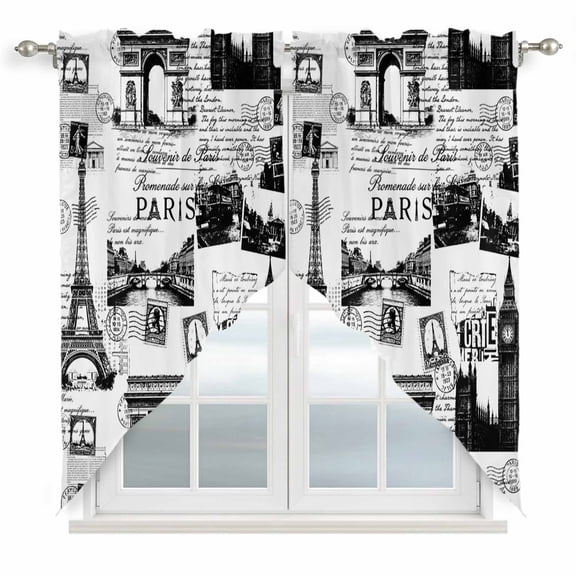 Paris Tower Swag Curtains for Kitchen/Bedroom/Living Room, Vintage Architectural Hand-Painted Aesthetic Scalloped Curtains 63 Inch Long, Window Swag Topper Curtains Valances 2 Panels Set 36"x63"